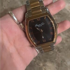 Kenneth Cole Gold and Black Tonneau Watch with Metal Link Bracelet